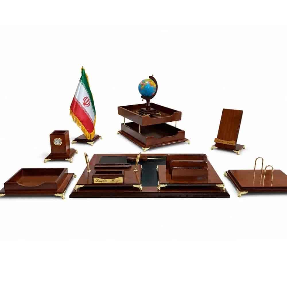 ست رومیزی مدیریتی چوبی ۱۰ تکه پایه طلایی